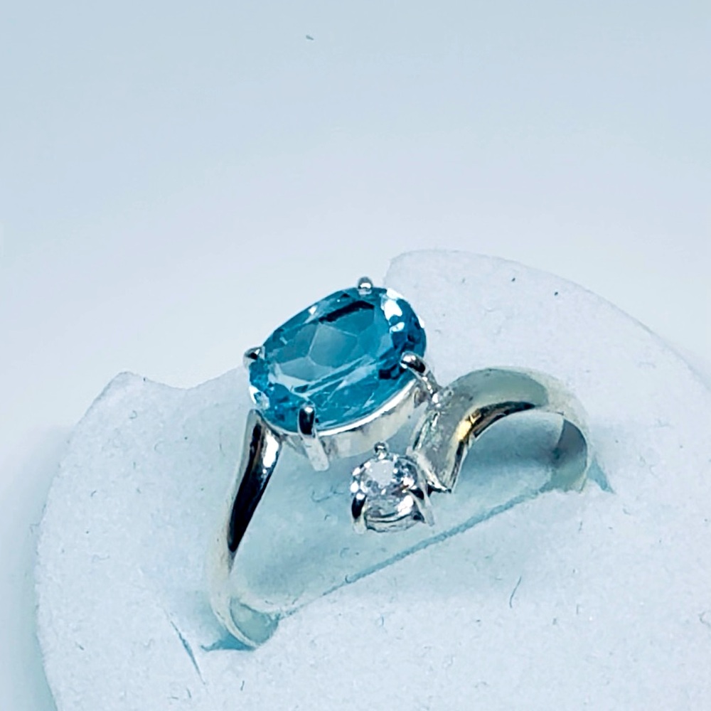 Beautiful Handmade Natural Swiss Blue Topaz And Zircon Gemstone 925 Silver Ring